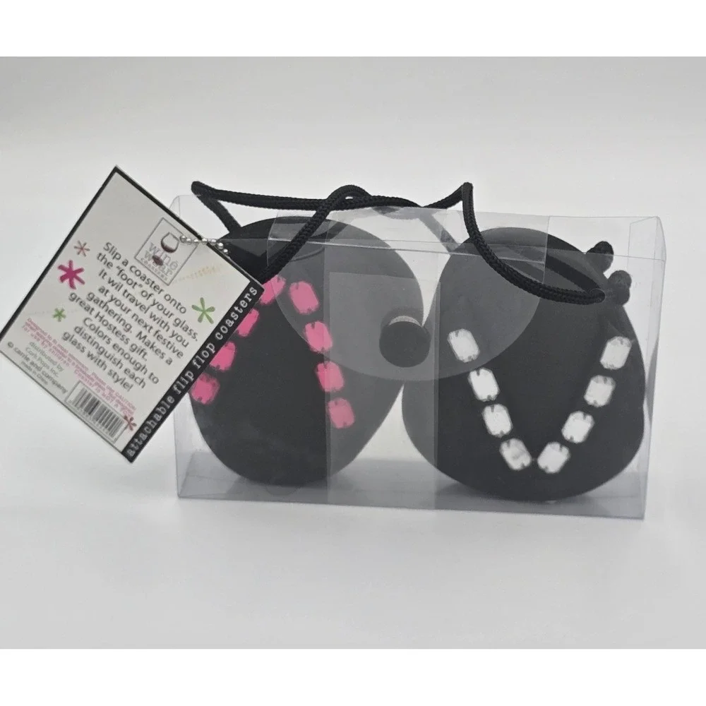 Wine Wear Steppin Out Flip Flop Glass Coasters Set of 4 Rhinestone Black Foam